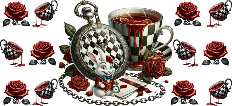 Dark Alice pocket watch UV DTF transfer for 16oz Libbey Glass with teacup, checker pattern, and fantasy artwork KA-8449