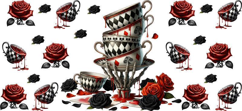 Dark Alice stacked cups UV DTF cup wrap for 16oz Libbey Glass with checker details and red rose accents KA-8451