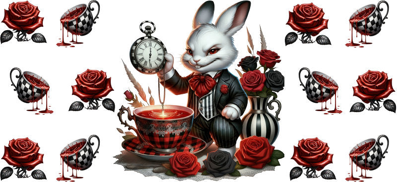 Dark Alice white rabbit UV DTF transfer for 16oz Libbey Glass with tea party, roses, and gothic Wonderland artwork KA-8452