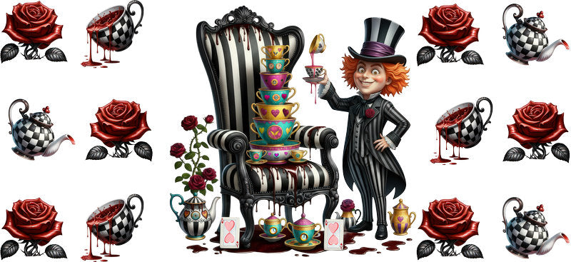 Dark Alice throne UV DTF cup wrap for 16oz Libbey Glass with Mad Hatter style and gothic fantasy artwork KA-8454