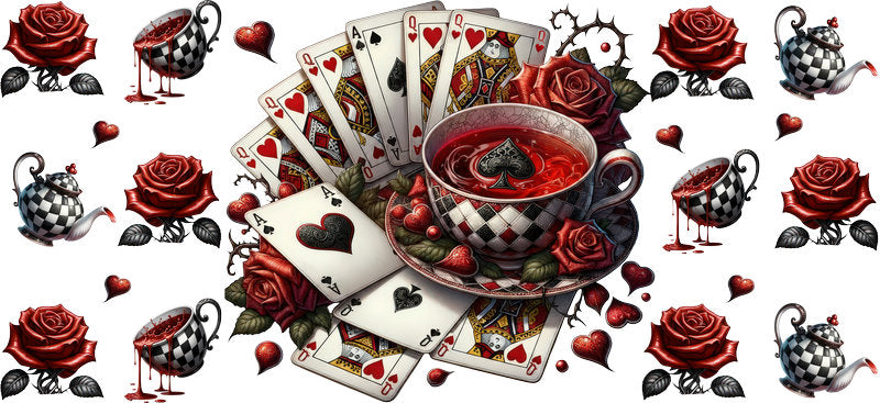 Dark Alice playing cards UV DTF transfer for 16oz Libbey Glass with teacup, roses, and Wonderland details KA-8455