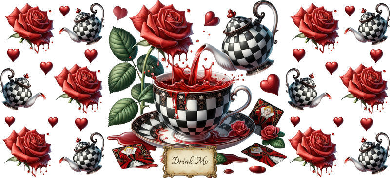 Dark Alice checker cup decal for 16oz Libbey Glass with roses, tea party elements, and gothic artwork KA-8459
