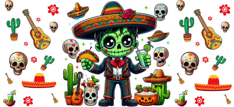 KA-8778: skeleton dog, sombrero, cactus, colorful