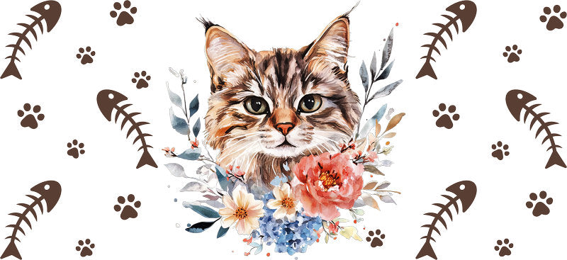 Floral Kitten Paw Print Design UV DTF Cup Wrap for 16oz Glass Can