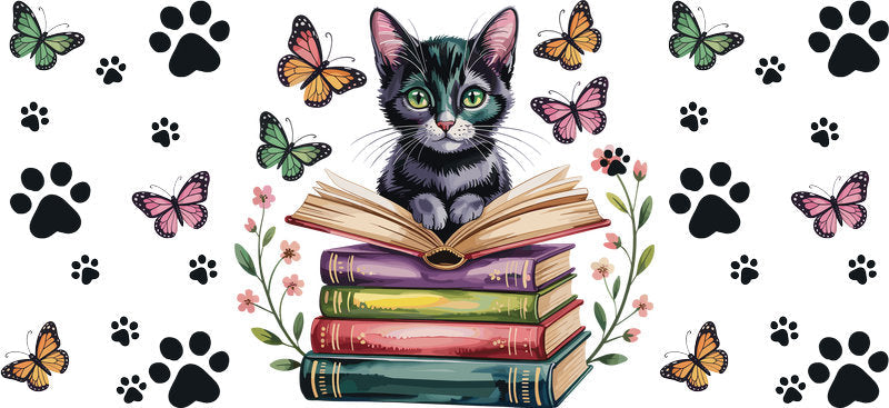 Reading Cat Bookworm Design UV DTF Cup Wrap for 16oz Glass Can