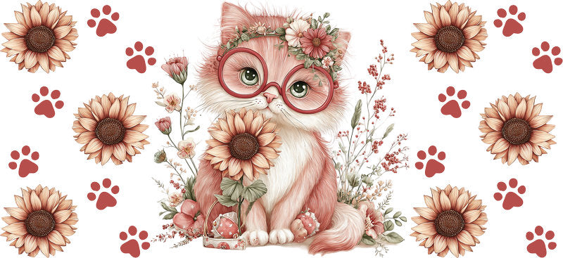 Owl and Kitten Floral Artwork UV DTF Cup Wrap for 16oz Glass Can