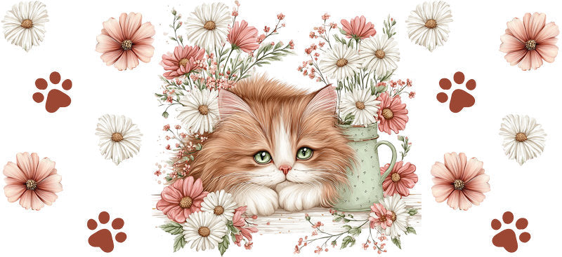 Orange Cat Floral Garden Artwork UV DTF Cup Wrap for 16oz Glass Can