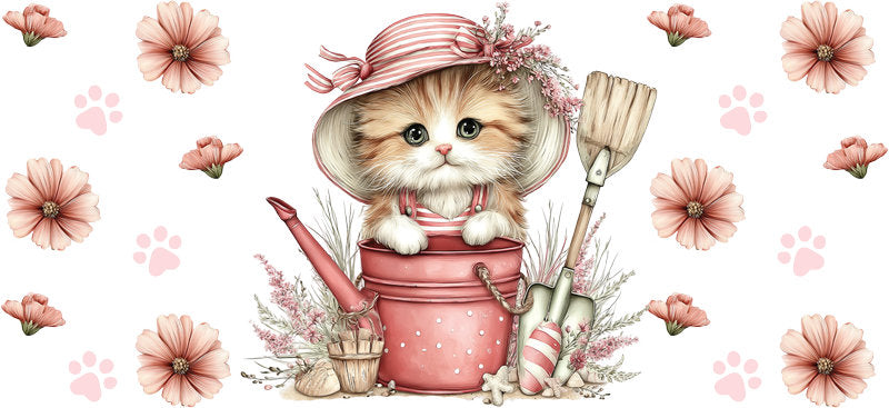 Watering Can Kitten Garden Theme UV DTF Cup Wrap for 16oz Glass Can