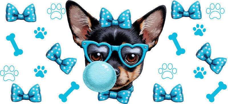 Blue Bubblegum Chihuahua Puppy UV DTF Cup Wrap for 16oz Glass Can