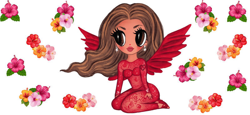 Pink Winged Fashion Girl UV DTF Cup Wrap for 16oz Libbey Glass