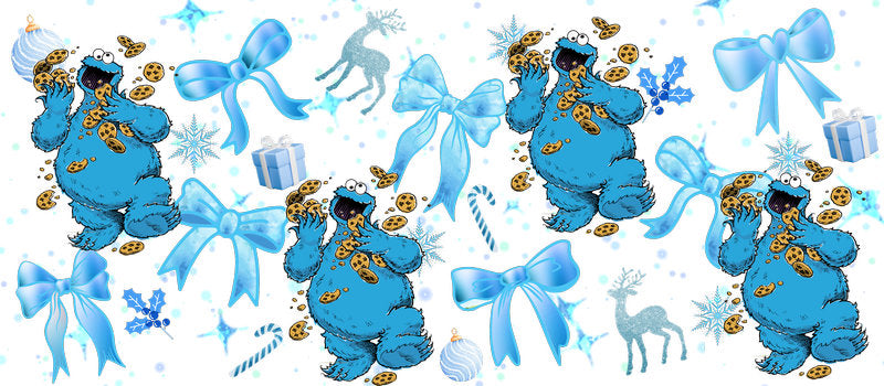 Blue monster bow themed UV DTF Cup Wrap for 16oz Libbey Glass