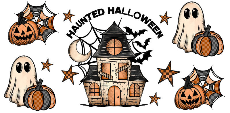 KA-9814 halloween haunted house spooky UV DTF cup wrap for 16oz glass can drinkware design