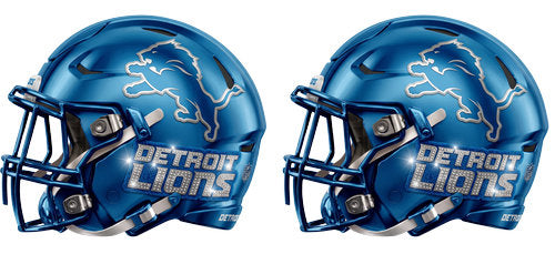 Twin bright blue football helmets with silver accents and a leaping lion graphic UV DTF transfer for a 16oz glass can