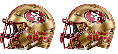 Twin metallic gold football helmets with red accents and a oval monogram graphic UV DTF transfer for a 16oz glass can