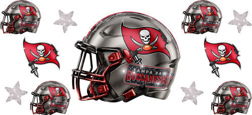 Pewter football helmet with matching mini helmets, pirate flag emblems and silver stars UV DTF transfer for a 16oz glass can