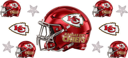 Red football helmet with matching mini helmets, arrowhead emblem emblems and silver stars UV DTF transfer for a 16oz glass can