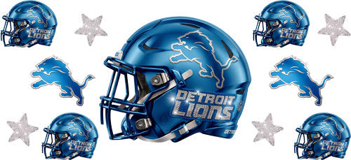 Bright Blue football helmet with matching mini helmets, leaping lion emblems and silver stars UV DTF transfer for a 16oz glass can