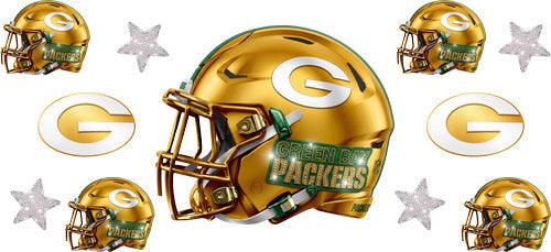 Metallic Gold football helmet with matching mini helmets, letter G emblems and silver stars UV DTF transfer for a 16oz glass can