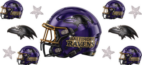 Purple football helmet with matching mini helmets, raven emblem emblems and silver stars UV DTF transfer for a 16oz glass can