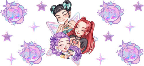 Three animated friends gathered around a pink-purple heart amid recurring emblems and glittery stars cup wrap design for a 16oz glass can