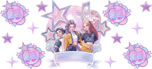 A trio posing before oversized lavender stars with a curved ribbon banner and repeated pastel motifs cup wrap design for a 16oz glass can