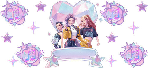 Two illustrated performers framed by a large pastel heart, decorated with a curved banner and glowing stars cup wrap design for a 16oz glass can