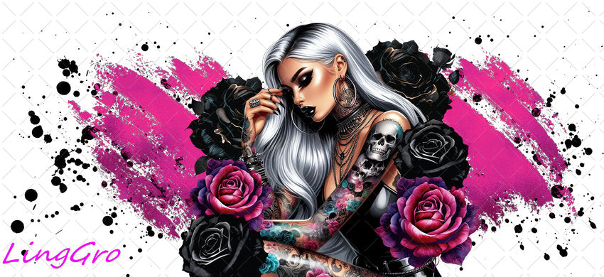 Badass Tattoo Girl 16oz UV DTF TRANSFER Libbey Glass Can Cup Wrap-KA-404