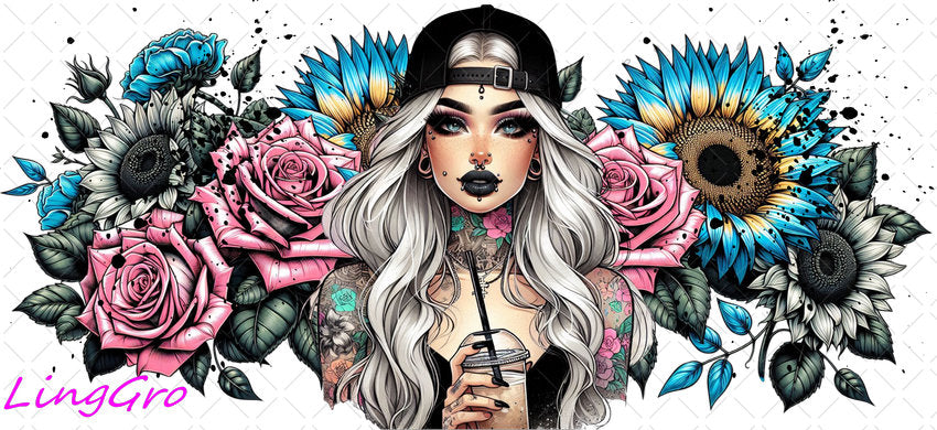 Badass Tattoo Girl 16oz UV DTF TRANSFER Libbey Glass Can Cup Wrap-KA-458