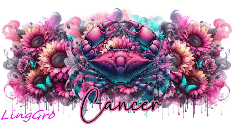Zodiac floral UV DTF cup wrap design featuring all astrology signs in pink and teal style for 21oz glass cups