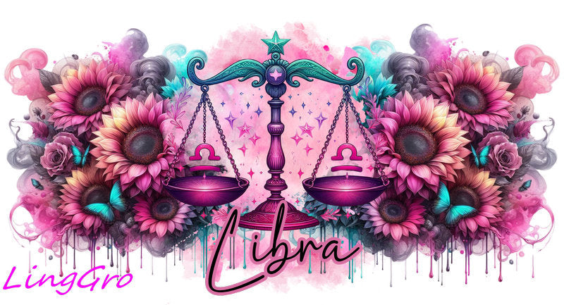 Zodiac floral UV DTF cup wrap design featuring all astrology signs in pink and teal style for 22oz glass cups