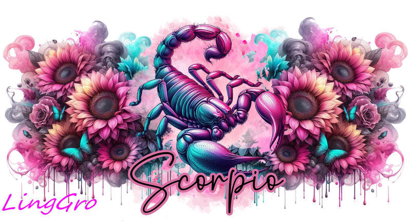 Zodiac floral UV DTF cup wrap design featuring all astrology signs in pink and teal style for 23oz glass cups