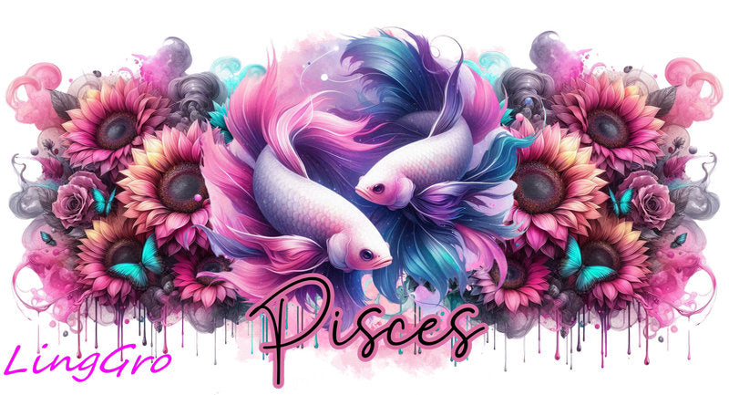 Zodiac floral UV DTF cup wrap design featuring all astrology signs in pink and teal style for 27oz glass cups