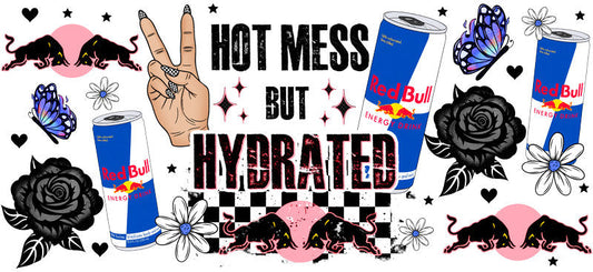 Hot Mess But Hydrated Energy drink aesthetic UV DTF Cup Wrap for 16oz Glass Can Libbey KA-10289