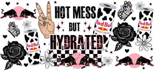 Hot Mess But Hydrated Energy drink aesthetic UV DTF Cup Wrap for 16oz Glass Can Libbey KA-10296