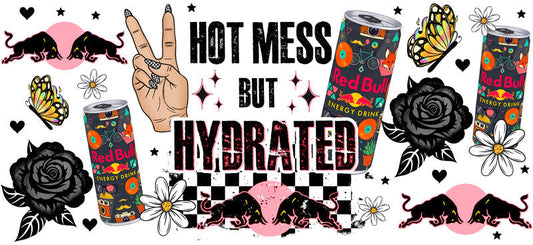 Hot Mess But Hydrated Energy drink aesthetic UV DTF Cup Wrap for 16oz Glass Can Libbey KA-10298