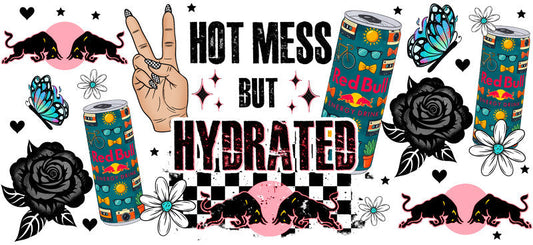 Hot Mess But Hydrated Energy drink aesthetic UV DTF Cup Wrap for 16oz Glass Can Libbey KA-10299