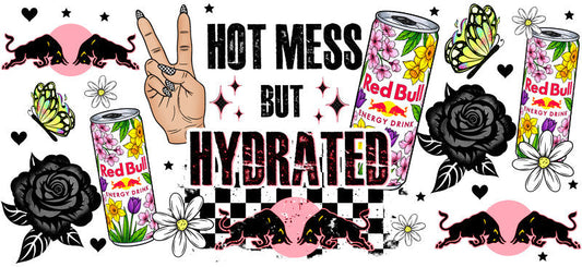 Hot Mess But Hydrated Energy drink aesthetic UV DTF Cup Wrap for 16oz Glass Can Libbey KA-10301