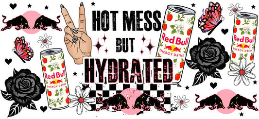 Hot Mess But Hydrated Energy drink aesthetic UV DTF Cup Wrap for 16oz Glass Can Libbey KA-10308