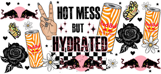 Hot Mess But Hydrated Energy drink aesthetic UV DTF Cup Wrap for 16oz Glass Can Libbey KA-10309