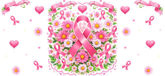 floral pink ribbon UV DTF cup wrap for 16oz glass can breast cancer decal KA-10326