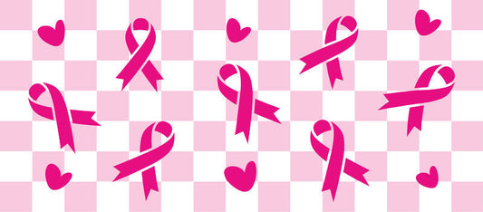 checkered pink ribbon UV DTF cup wrap for 16oz glass can breast cancer decal KA-10332