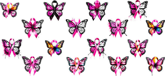 pink butterfly awareness UV DTF cup wrap for 16oz glass can ribbon decal KA-10350