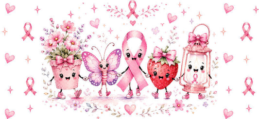 pink ribbon support team UV DTF cup wrap for 16oz glass can breast cancer decal KA-10357