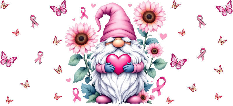 floral breast cancer gnome UV DTF cup wrap for 16oz glass can pink ribbon decal KA-10358