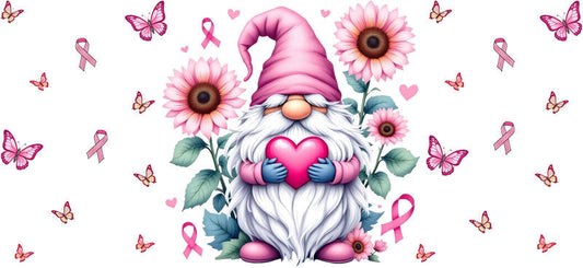 floral breast cancer gnome UV DTF cup wrap for 16oz glass can pink ribbon decal KA-10358
