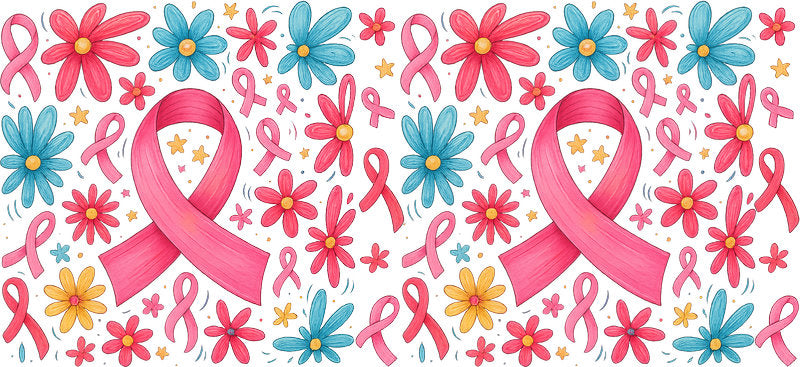 floral pink ribbon butterfly UV DTF cup wrap for 16oz glass can awareness decal KA-10367