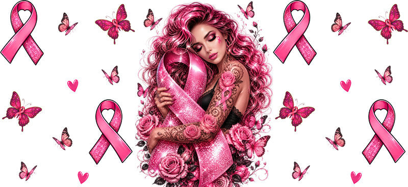 pink ribbon floral woman UV DTF cup wrap for 16oz glass can awareness decal KA-10381