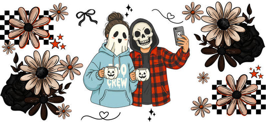 plaid spooky couple UV DTF cup wrap for 16oz glass can halloween decal KA-10480