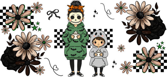 spooky mom and kids UV DTF cup wrap for 16oz glass can halloween decal KA-10485