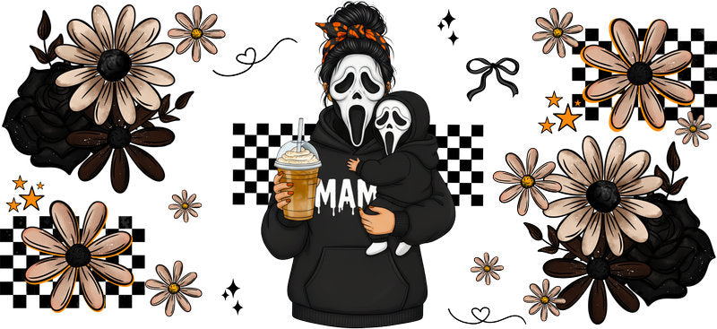 black hoodie mama UV DTF cup wrap for 16oz glass can halloween cup decal KA-10488